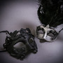 Black Roman Warrior Metallic & Silver Mardi Gras Eye Mask with Top Black Feather Couple Masks Set