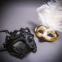 Black Roman Warrior Metallic & Gold Mardi Gras Eye Mask with Top White Feather Couple Masks Set