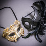 Silver Venetian Roman Warrior Greek Men & Black Side Feather Glitter Couple Masks Set