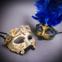 Silver Venetian Roman Warrior Greek Men & Gold Mardi Gras Eye Mask with Top Blue Feather Couple Masks Set