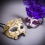 Silver Venetian Roman Warrior Greek Men & Silver Mardi Gras Eye Mask with Top Purple Feather Couple Masks Set