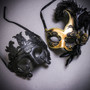 Black Roman Greek Emperor with Pegasus Horses & Gold Black Side Feather Glitter Couple Masks Set