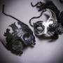 Black Roman Greek Emperor with Pegasus Horses & Silver Black Side Feather Glitter Couple Masks Set