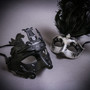 Black Roman Greek Emperor with Pegasus Horses & Silver Mardi Gras Eye Mask with Top Black Feather Couple Masks Set