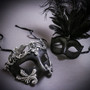 Black Silver Venetian Roman Warrior Greek Men & Black Mardi Gras Eye Mask with Top Feather Couple Masks Set