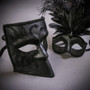 Black Glitter Full Face Bauta & Black Mardi Gras Eye Mask with Top Feather Couple Masks Set