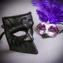 Black Glitter Full Face Bauta & Silver Mardi Gras Eye Mask with Top Purple Feather Couple Masks Set