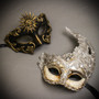 Black Gold Sun Greek  Warrior & Silver Grey Luna Venetian with Lace Couple Masks Set