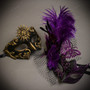 Black Gold Venetian Sun Warrior Greek Men & Black Purple Butterfly Lace with Feather Couple Masks Set