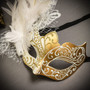 Black Gold Venetian Sun Warrior Greek Men & White Gold Butterfly Lace with Feather Couple Masks Set