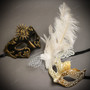 Black Gold Venetian Sun Warrior Greek Men & White Gold Butterfly Lace with Feather Couple Masks Set