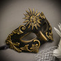 Black Gold Venetian Sun Warrior Greek Men & White Gold Butterfly Lace with Feather Couple Masks Set