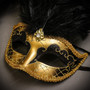 Black Gold Venetian Roman Warrior Greek Men & Gold Black Mardi Gras Top Feather Couple Masks Set