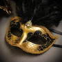 Black Gold Roman Greek Emperor with Pegasus Men & Gold Black Mardi Gras Top Feather Couple Masks Set