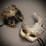 Black Gold Roman Greek Emperor with Pegasus Men & Sliver Grey Luna Venetian with Lace Couple Masks Set