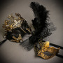 Black Gold Roman Greek Emperor with Pegasus Men & Black Gold Butterfly Lace with Feather Couple Masks Set