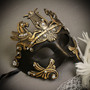 Black Gold Roman Greek Emperor with Pegasus Men & White Gold Butterfly Lace with Feather Couple Masks Set