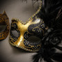 Black Gold Butterfly Lace with Feather & Gold Black Side Feather Glitter Combo Masks Set