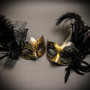 Black Gold Butterfly Lace with Feather & Gold Black Side Feather Glitter Combo Masks Set