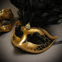 Black Gold Butterfly Lace with Feather & Gold Black Mardi Gras Top Feather Combo Masks Set