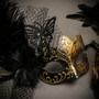 Black Gold Roman Greek Emperor with Tall Feather Men & Black Gold Butterfly Lace with Feather Couple Masks Set