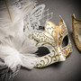 White Gold Butterfly Lace with Feather & Gold White Side Feather Glitter Combo Masks Set