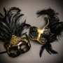 Black Gold Roman Greek Emperor with Tall Feather Men & Gold Black Side Feather Glitter Couple Masks Set