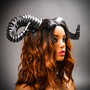 Lucifer Big Devil Ram Horns Halloween Headband - Black Silver with Model side view