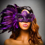 Luxury Venice Women Carnival Masquerade Venetian Mask with side Feather - Purple (Female Model)