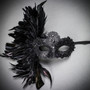Luxury Venice Women Carnival Masquerade Venetian Mask with side Feather - Black