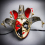 Medieval Jester Musical Joker Venetian Masquerade Full Face Mask with Bells - Red Black