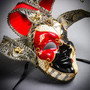 Medieval Jester Musical Joker Venetian Masquerade Full Face Mask with Bells - Red Black