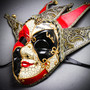 Medieval Jester Musical Joker Venetian Masquerade Full Face Mask with Bells - Red Black