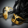 Phantom Full Face Musical Black Gold & Venetian Gold Mardi Gras Black Tall Feather Couple Masks