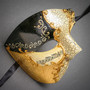 Phantom Full Face Musical Black Gold & Venetian Gold Mardi Gras Black Tall Feather Couple Masks