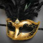 Phantom Full Face Musical Black Gold & Venetian Gold Mardi Gras Black Tall Feather Couple Masks