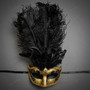 Roman Warrior Metallic Gold & Venetian Gold Mardi Gras Black Tall Feather Couple Masks
