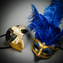 Phantom Full Face Musical Black Gold & Venetian Gold Mardi Gras Blue Tall Feather Couple Masks