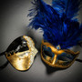 Phantom Half Face Musical Black Gold & Venetian Gold Mardi Gras Blue Tall Feather Couple Masks