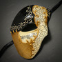 Phantom Half Face Musical Black Gold & Venetian Gold Mardi Gras Blue Tall Feather Couple Masks