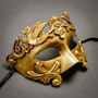 Roman Warrior Metallic Gold & Venetian Gold Mardi Gras Purple Tall Feather Couple Masks