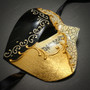 Phantom Half Face Musical Black Gold & Venetian Gold Mardi Gras Purple Tall Feather Couple Masks