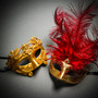 Roman Warrior Metallic Gold & Venetian Gold Mardi Gras Red Tall Feather Couple Masks