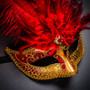 Roman Warrior Metallic Gold & Venetian Gold Mardi Gras Red Tall Feather Couple Masks