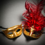 Venetian Classic Eye Mask with Glitter Gold & Venetian Gold Mardi Gras Red Tall Feather Couple Masks