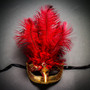 Phantom Half Face Musical Black Gold & Venetian Gold Mardi Gras Red Tall Feather Couple Masks