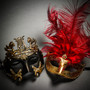 Pegasus Horses Emperor Black Gold & Venetian Gold Mardi Gras Red Tall Feather Couple Masks