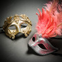 Roman Warrior Metallic Silver & Venetian Silver Mardi Gras Pink Tall Feather Couple Masks