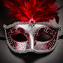 Roman Warrior Metallic Silver & Venetian Silver Mardi Gras Red Tall Feather Couple Masks