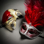 Phantom Full Face Musical Red Gold & Venetian Silver Mardi Gras Red Tall Feather Couple Masks